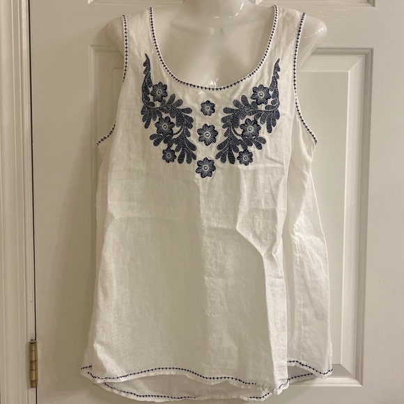 J. Jill 100% Linen Sleeveless White and Blue Embroidered Blouse/Tunic Top Size L - Picture 1 of 11